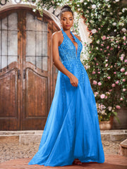 Maxi Robe de Bal Appliquée avec Corset en Tulle et Dentelle à Col Licou Bleu Océan