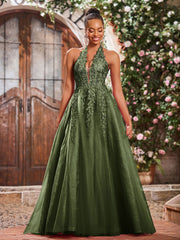Maxi Robe de Bal Appliquée avec Corset en Tulle et Dentelle à Col Licou Olive Verte