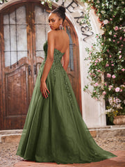 Maxi Robe de Bal Appliquée avec Corset en Tulle et Dentelle à Col Licou Olive Verte