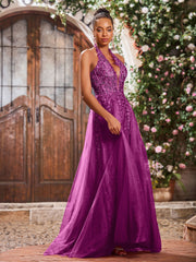Maxi Robe de Bal Appliquée avec Corset en Tulle et Dentelle à Col Licou Orchidée