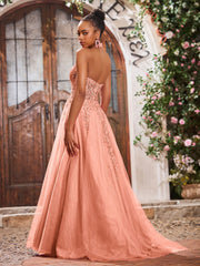 Maxi Robe de Bal Appliquée avec Corset en Tulle et Dentelle à Col Licou Papaye