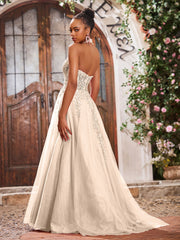 Maxi Robe de Bal Appliquée avec Corset en Tulle et Dentelle à Col Licou Pêche