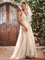 Maxi Robe de Bal Appliquée avec Corset en Tulle et Dentelle à Col Licou Pêche