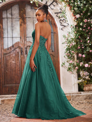 Maxi Robe de Bal Appliquée avec Corset en Tulle et Dentelle à Col Licou Paon