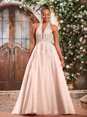 Maxi Robe de Bal Appliquée avec Corset en Tulle et Dentelle à Col Licou Rose Perle