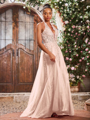 Maxi Robe de Bal Appliquée avec Corset en Tulle et Dentelle à Col Licou Rose Perle