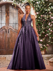 Maxi Robe de Bal Appliquée avec Corset en Tulle et Dentelle à Col Licou Plum
