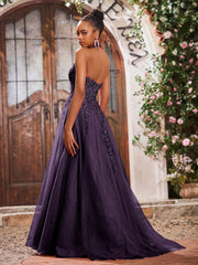 Maxi Robe de Bal Appliquée avec Corset en Tulle et Dentelle à Col Licou Plum