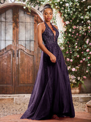 Maxi Robe de Bal Appliquée avec Corset en Tulle et Dentelle à Col Licou Plum
