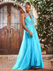 Maxi Robe de Bal Appliquée avec Corset en Tulle et Dentelle à Col Licou Piscine