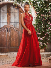 Maxi Robe de Bal Appliquée avec Corset en Tulle et Dentelle à Col Licou Rouge