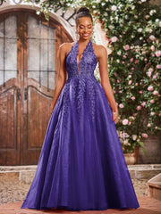 Maxi Robe de Bal Appliquée avec Corset en Tulle et Dentelle à Col Licou Régence