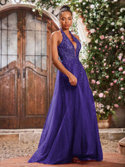 Maxi Robe de Bal Appliquée avec Corset en Tulle et Dentelle à Col Licou Régence