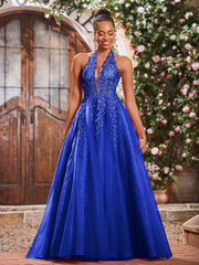 Maxi Robe de Bal Appliquée avec Corset en Tulle et Dentelle à Col Licou Bleu Royale