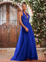 Maxi Robe de Bal Appliquée avec Corset en Tulle et Dentelle à Col Licou Bleu Royale