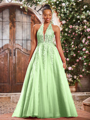 Maxi Robe de Bal Appliquée avec Corset en Tulle et Dentelle à Col Licou Sauge