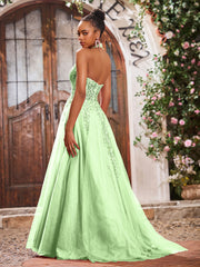 Maxi Robe de Bal Appliquée avec Corset en Tulle et Dentelle à Col Licou Sauge