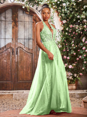 Maxi Robe de Bal Appliquée avec Corset en Tulle et Dentelle à Col Licou Sauge