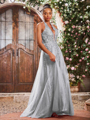 Maxi Robe de Bal Appliquée avec Corset en Tulle et Dentelle à Col Licou Argent