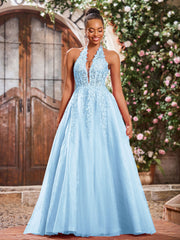 Maxi Robe de Bal Appliquée avec Corset en Tulle et Dentelle à Col Licou Bleu Ciel