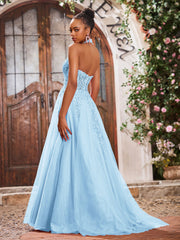 Maxi Robe de Bal Appliquée avec Corset en Tulle et Dentelle à Col Licou Bleu Ciel