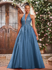 Maxi Robe de Bal Appliquée avec Corset en Tulle et Dentelle à Col Licou Bleu de Schiste