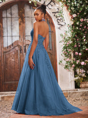 Maxi Robe de Bal Appliquée avec Corset en Tulle et Dentelle à Col Licou Bleu de Schiste