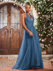 Maxi Robe de Bal Appliquée avec Corset en Tulle et Dentelle à Col Licou Bleu de Schiste