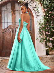 Maxi Robe de Bal Appliquée avec Corset en Tulle et Dentelle à Col Licou Spa