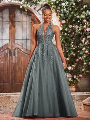 Maxi Robe de Bal Appliquée avec Corset en Tulle et Dentelle à Col Licou Gris Acier