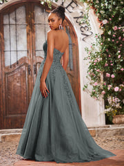 Maxi Robe de Bal Appliquée avec Corset en Tulle et Dentelle à Col Licou Gris Acier