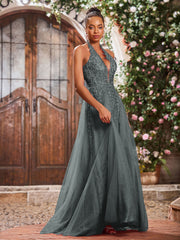 Maxi Robe de Bal Appliquée avec Corset en Tulle et Dentelle à Col Licou Gris Acier