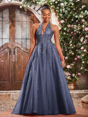 Maxi Robe de Bal Appliquée avec Corset en Tulle et Dentelle à Col Licou Orageux