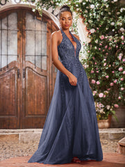 Maxi Robe de Bal Appliquée avec Corset en Tulle et Dentelle à Col Licou Orageux