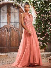 Maxi Robe de Bal Appliquée avec Corset en Tulle et Dentelle à Col Licou Sunset