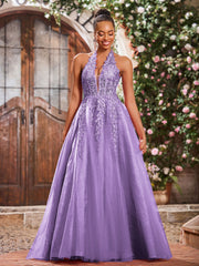 Maxi Robe de Bal Appliquée avec Corset en Tulle et Dentelle à Col Licou Tahiti