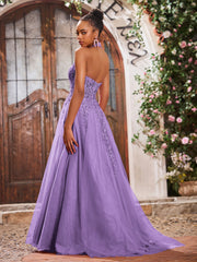 Maxi Robe de Bal Appliquée avec Corset en Tulle et Dentelle à Col Licou Tahiti