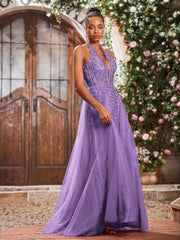 Maxi Robe de Bal Appliquée avec Corset en Tulle et Dentelle à Col Licou Tahiti