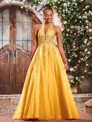 Maxi Robe de Bal Appliquée avec Corset en Tulle et Dentelle à Col Licou Mandarine