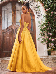 Maxi Robe de Bal Appliquée avec Corset en Tulle et Dentelle à Col Licou Mandarine