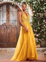 Maxi Robe de Bal Appliquée avec Corset en Tulle et Dentelle à Col Licou Mandarine