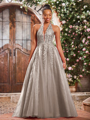Maxi Robe de Bal Appliquée avec Corset en Tulle et Dentelle à Col Licou Taupe