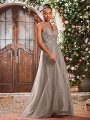 Maxi Robe de Bal Appliquée avec Corset en Tulle et Dentelle à Col Licou Taupe