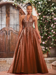 Maxi Robe de Bal Appliquée avec Corset en Tulle et Dentelle à Col Licou Terracotta