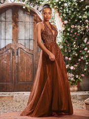 Maxi Robe de Bal Appliquée avec Corset en Tulle et Dentelle à Col Licou Terracotta