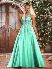 Maxi Robe de Bal Appliquée avec Corset en Tulle et Dentelle à Col Licou Turquoise
