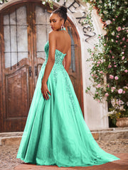 Maxi Robe de Bal Appliquée avec Corset en Tulle et Dentelle à Col Licou Turquoise