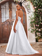 Maxi Robe de Bal Appliquée avec Corset en Tulle et Dentelle à Col Licou Blanc