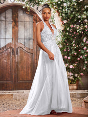 Maxi Robe de Bal Appliquée avec Corset en Tulle et Dentelle à Col Licou Blanc
