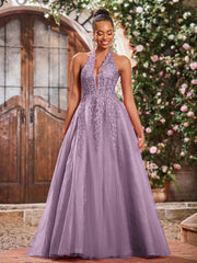 Maxi Robe de Bal Appliquée avec Corset en Tulle et Dentelle à Col Licou Glycine